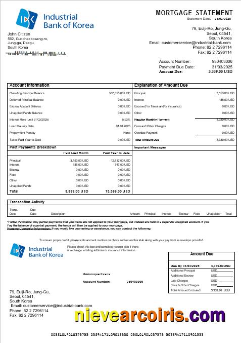 South Korea Industrial bank mortgage statement